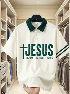 Fgfs Jesus Cross Print Polo Shirt, Unisex Short Sleeve, 6 Colors, Loose-Fit, All Seasons, Casual Church Streetwear for Men Women