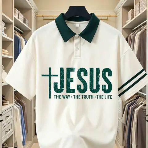Fgfs Jesus Cross Print Polo Shirt, Printed Polo Shirt, Unisex Short Sleeve, 6 Colors, Loose-Fit, All Seasons, Casual Church Streetwear, for Men and Women