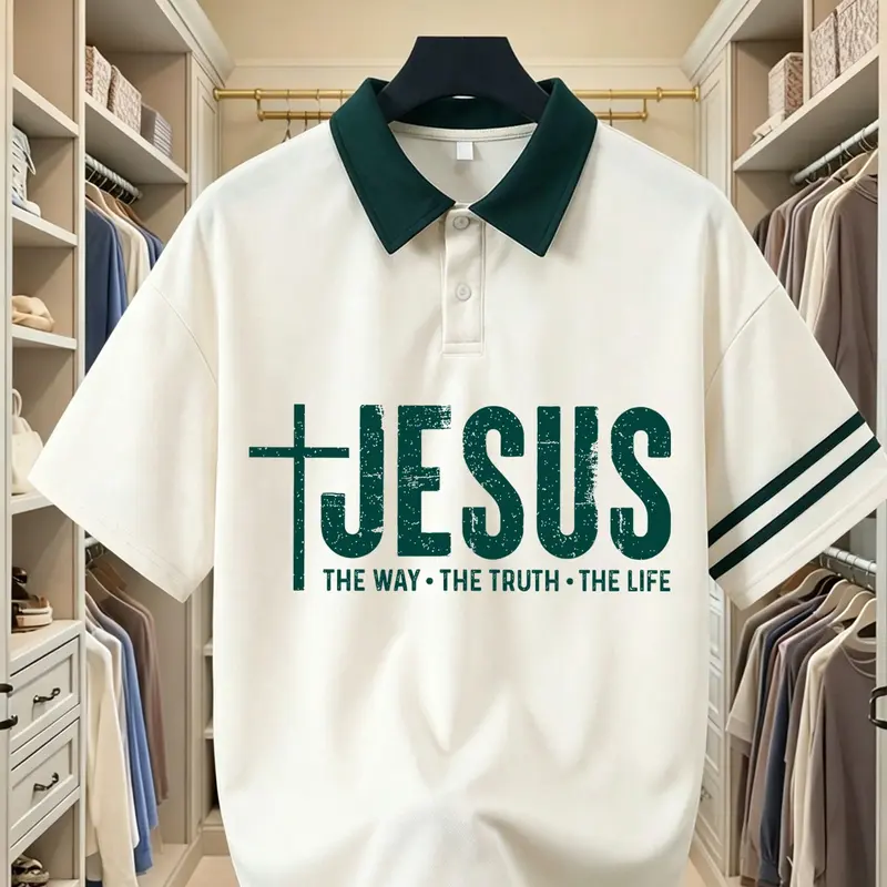 Fgfs Jesus Cross Print Polo Shirt, Printed Polo Shirt, Unisex Short Sleeve, 6 Colors, Loose-Fit, All Seasons, Casual Church Streetwear, for Men and Women