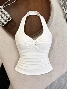 Tie Front Halter Neck Ruched Tank Top, Bold Style Waist Cinching Slimming Effect, Summer Sexy Short Sleeve Upper Garment