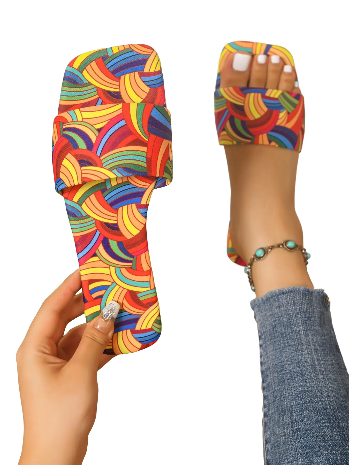 Women's Rainbow Abstract Line Print Square Toe Slippers, Non-Slip Flat Sole, Casual Medium Width, PU Leather, European Style Summer Shoes, Footwear, Casual Fashion Footwear