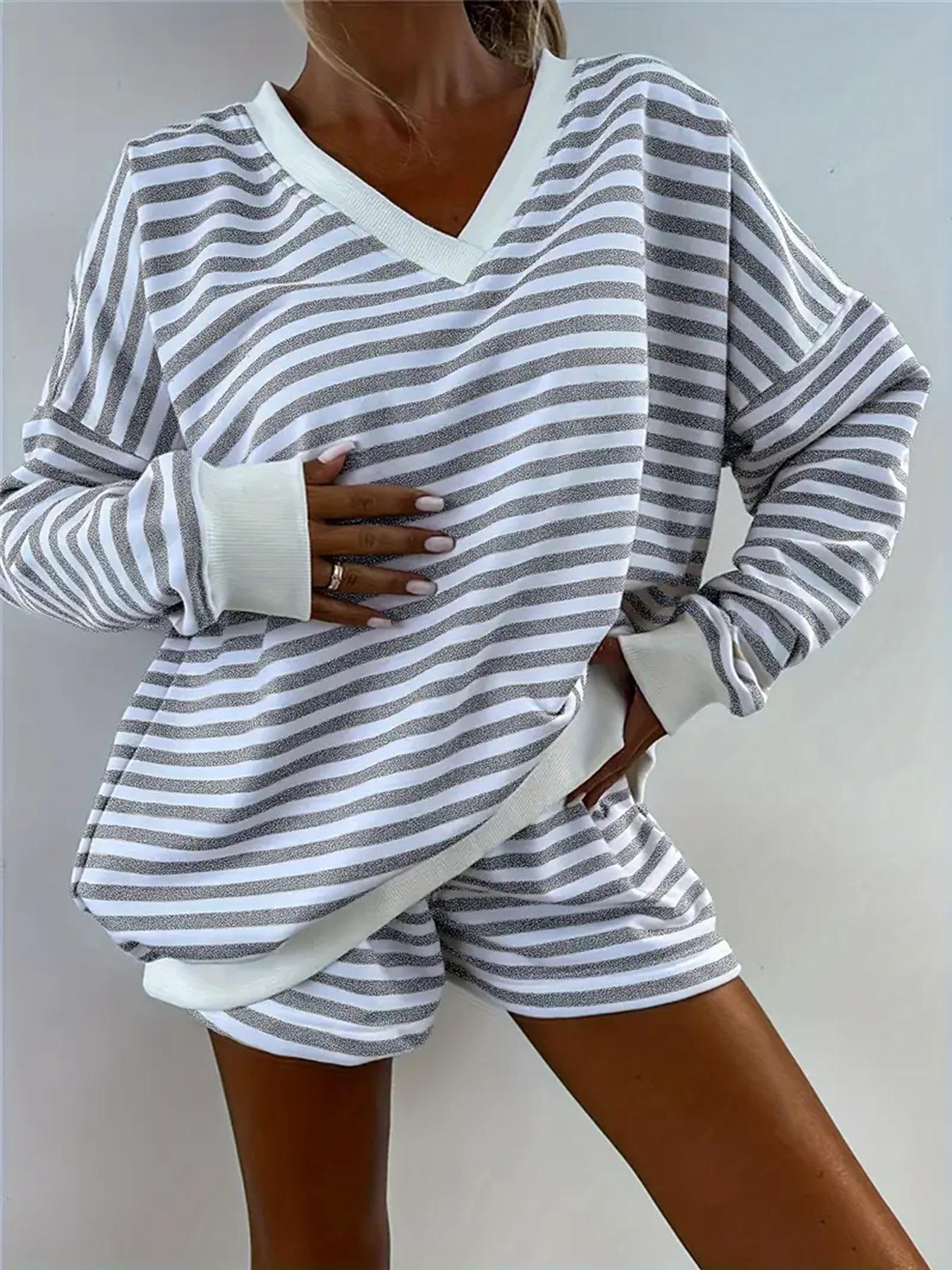 Women's Striped Print Long Sleeve Tee & High Waist Shorts Two-piece Set, Casual Round Neck Top & Shorts for Spring & Fall, Women's Clothes for Daily Wear