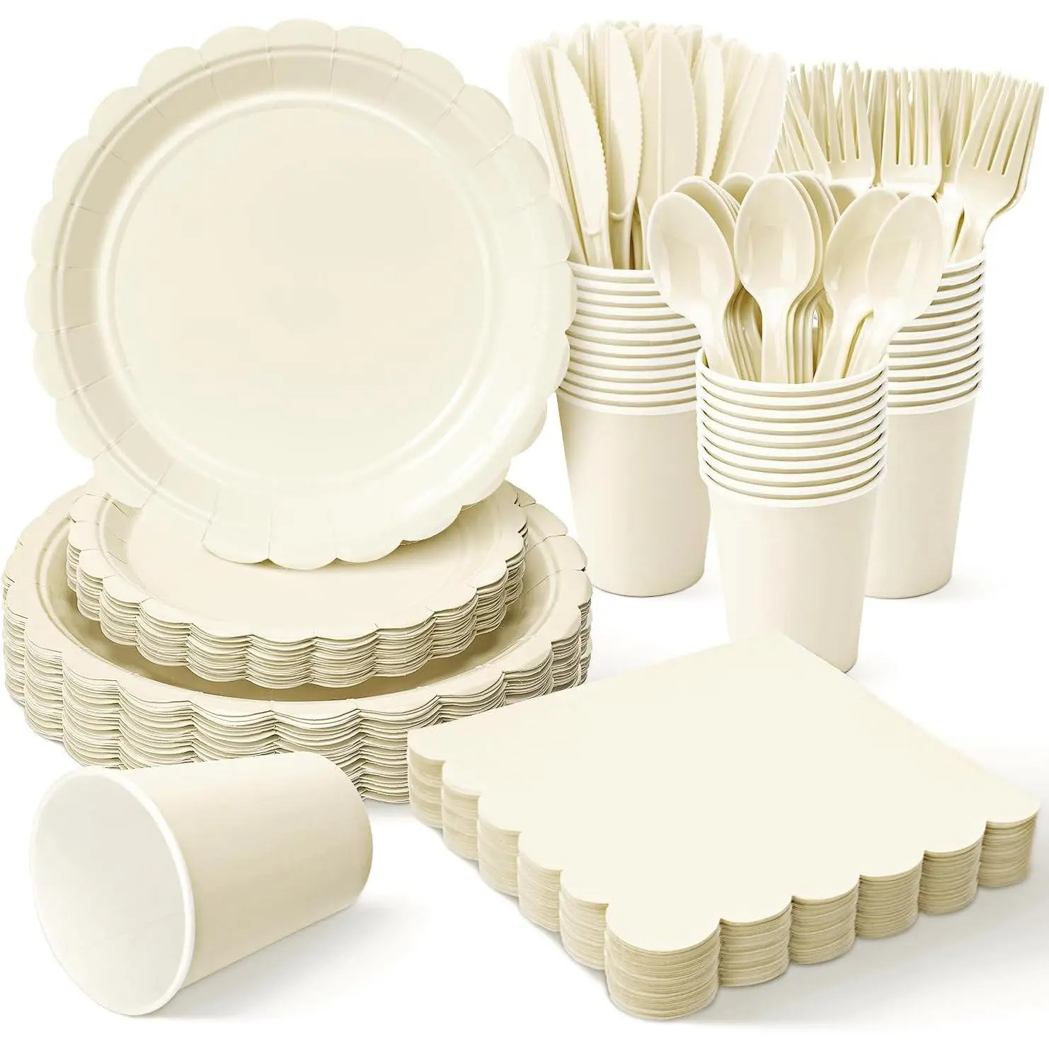 350 Pcs Ivory Cream Scalloped Paper Plates, Napkins, Cups and Cutlery for 50 Guests - 7 & 9 Inch Disposable Party Supplies for Thanksgiving, Weddings and Holiday DinnersGift
