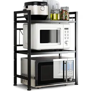 Microwave Oven Rack, Expandable Microwave Stand Countertop Kitchen Utensils Tableware Storage, Carbon Steel Over Microwave Shelf Countertop with 3 Hooks