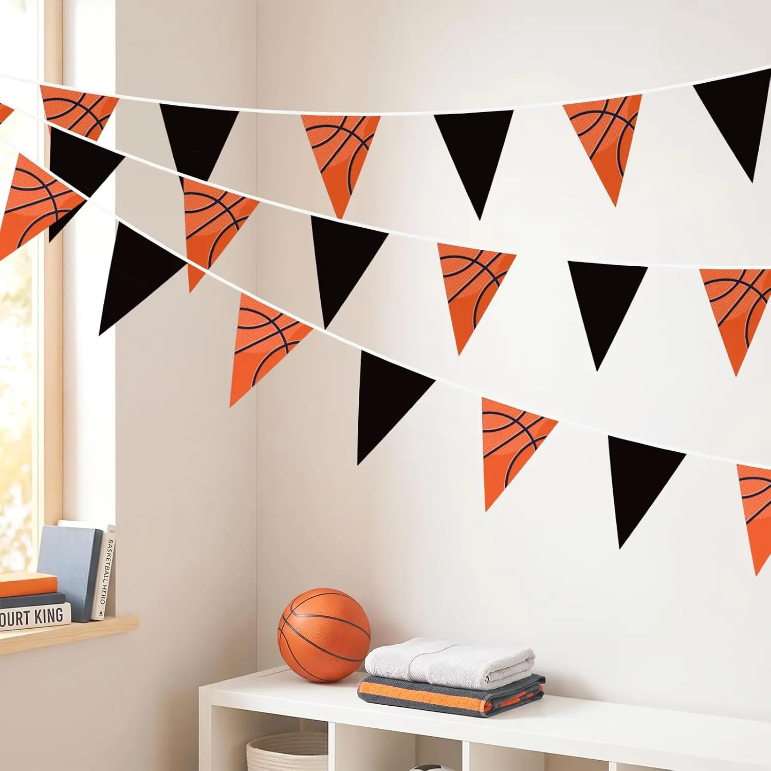Basketball Banner, Basketball Themed Party Decorations Banner for Boys Girls Birthday, Double Sided Triangle Flag Banners for  Outdoor Party Supplies