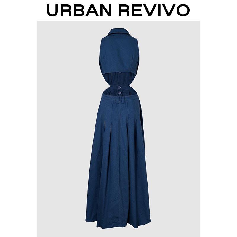 URBAN REVIVO Women's Cutout Denim Dress Sleeveless, High Waist Gold Button Collar Maxi Jean Dress, Retro Flowy Split Dress for Summer Vacation Streetwear URBAN REVIVO Women's Cutout Denim Dress Sleeveless, High Waist Gold Button Collar Maxi Jean Dress, Retro Flowy Split Dress for Summer Vacation Streetwear