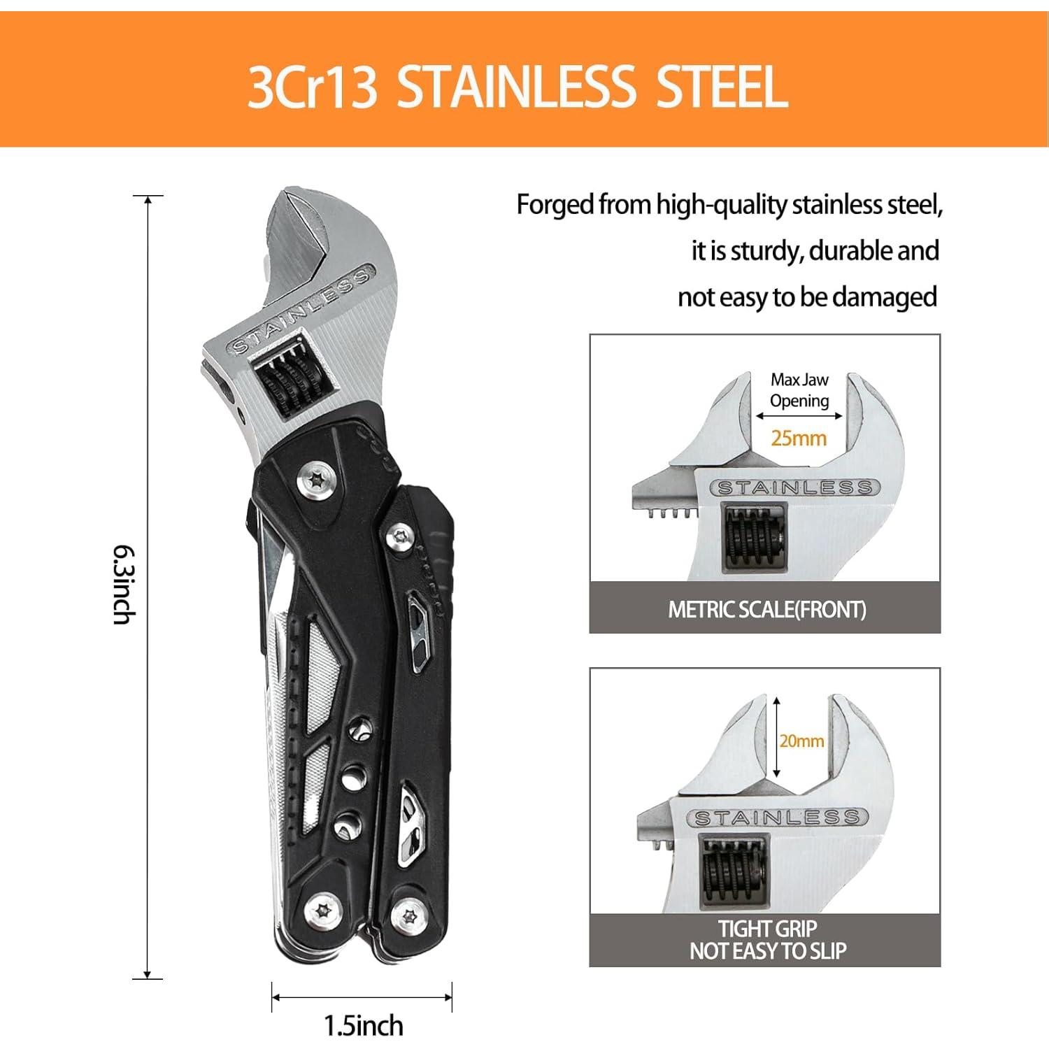 14-in-1 Adjustable Wrench Multitool EDC, Compact Multi Tool with Pliers, , , Screwdrivers, 30Cr13 Stainless Steel Tool for  Repair, DIY, Camping, Hiking, and Outdoor Use
