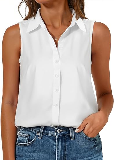 Women's sleeveless button-up shirt, classic V-neck collared vest, casual office chiffon blouse