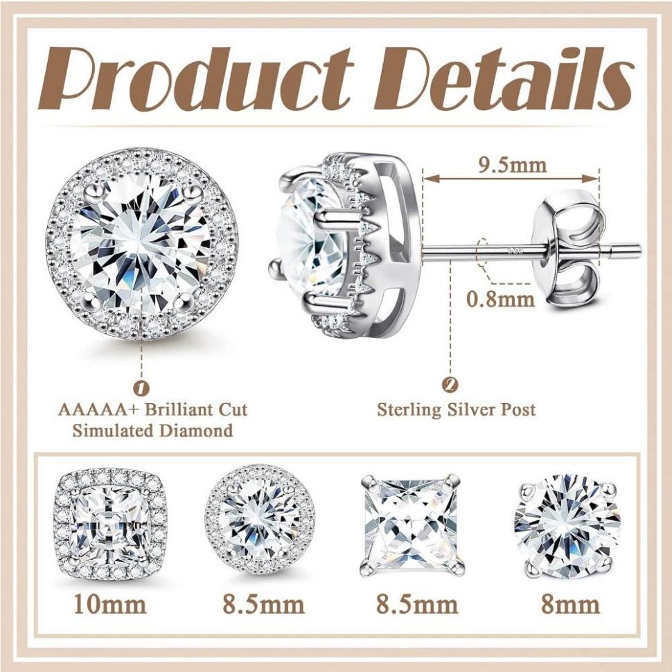 Jstyle 4Pairs Cubic Zirconia Stud Earrings Hypoallergenic Sterling Silver Post Earrings | Brilliant Large Simulated Stud Earrings for Women Men Daily Jstyle 4Pairs Cubic Zirconia Stud Earrings Hypoallergenic Sterling Silver Post Earrings | Brilliant Large Simulated Stud Earrings for Women Men Daily