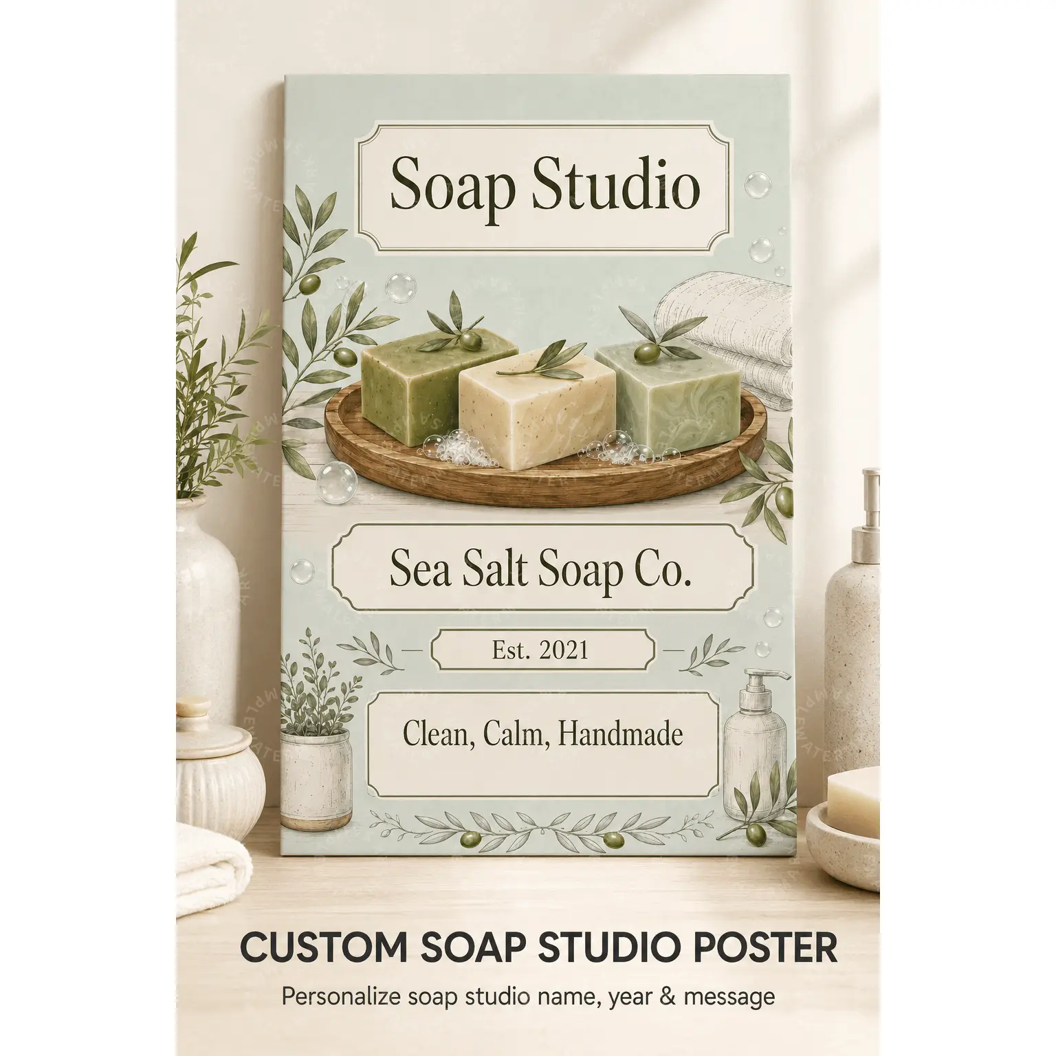 Custom Soap Studio Poster, Personalized Handmade Soap Wall Art, Sage Green Olive Leaf Spa Bathroom Decor, Aesthetic Poster, Bedroom Living Room Office Wall Decor, Maker Business Gift
