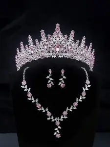 Crystal Crown Set, Elegant Jewelry Ensemble, Perfect for Weddings and Formal Events, Includes Necklace and Earrings