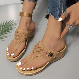 Women's Solid Color Summer New Round Toe Platform Fashion Hollow-Out Outdoor Flip-Flop Sandals Comfortable Casual French Style