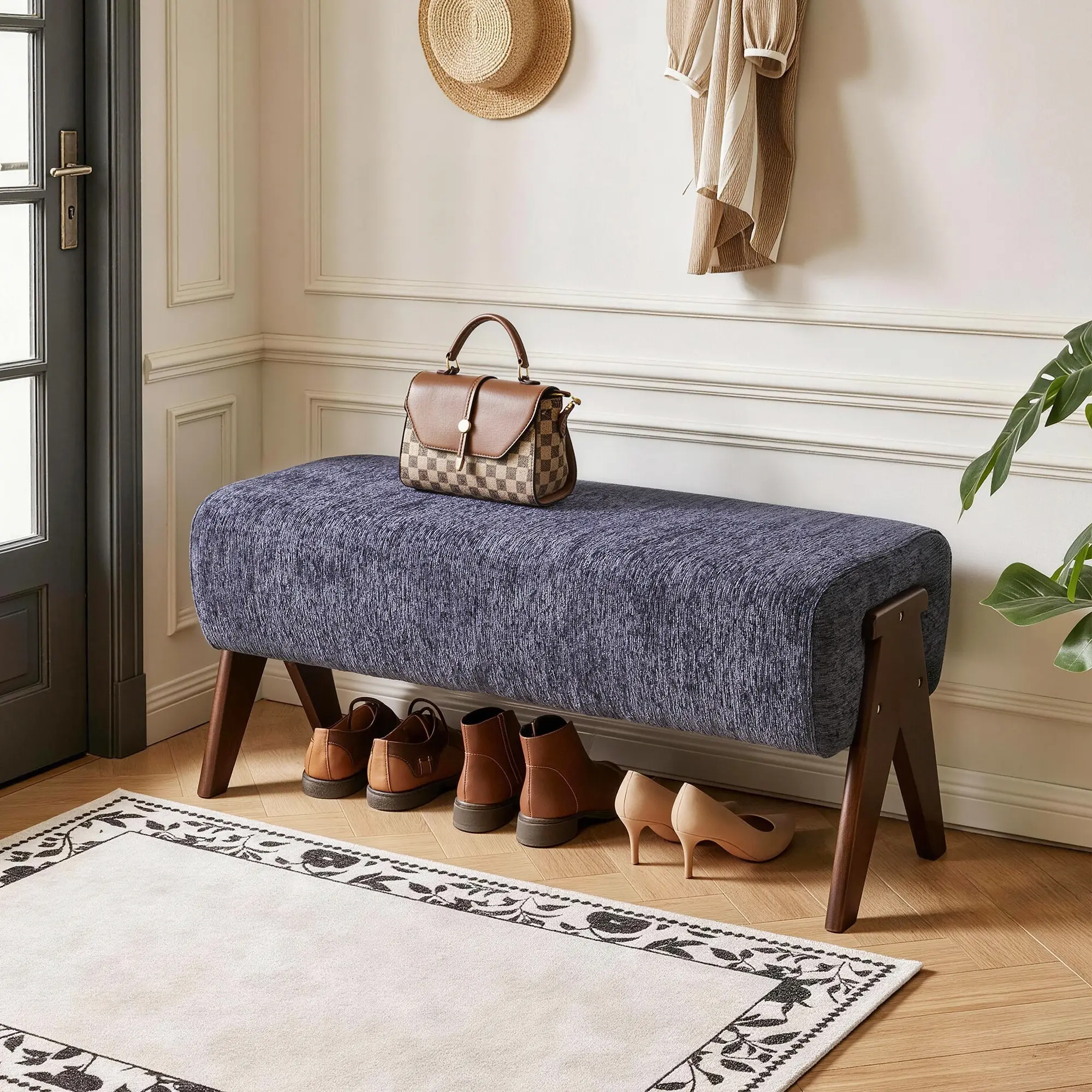 ARCH Modern Decorative Chenille Fabric Bench, Ergonomic Padded Entry Bench with Solid Wood Legs, Upholstered Ottoman Bench for Foyer Bedroom Living Room, Mid-Century Blue Chenille Bench, 38.19x15.75x16.93 Inches, 300 lbs Capacity, Easy Assembly