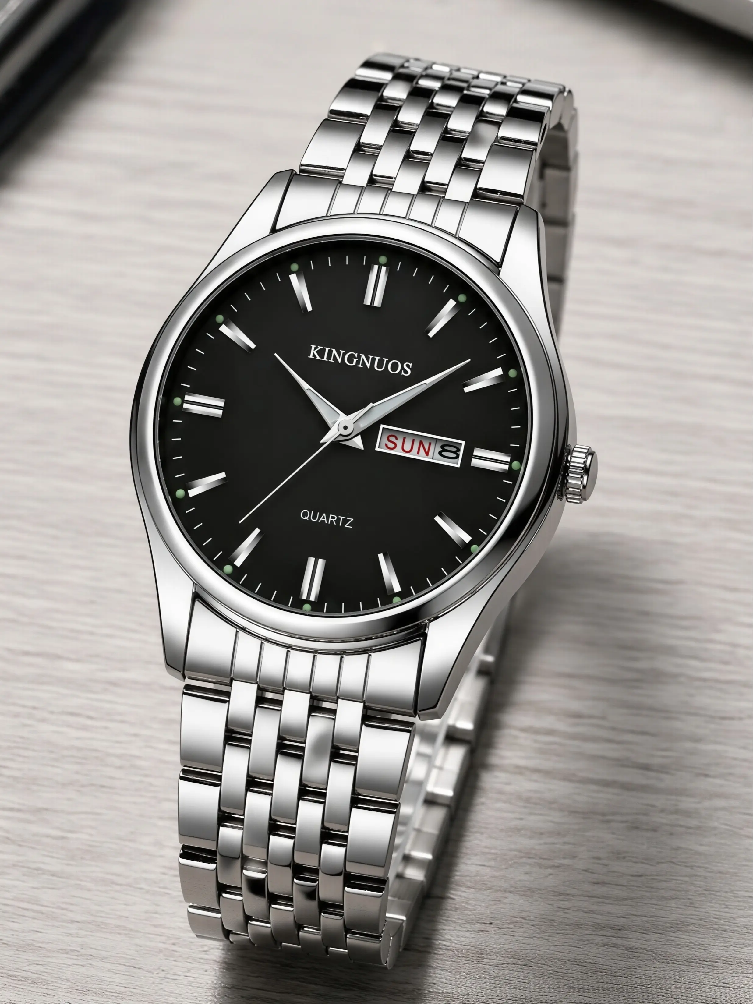 Mens Silver Quartz Watch Polished Stainless Steel Case Black Sunburst Dial Luminous Bar Index Day Date Window Solid Steel Bracelet 30M Waterproof Minimal Business Wristwatch Gift For Men