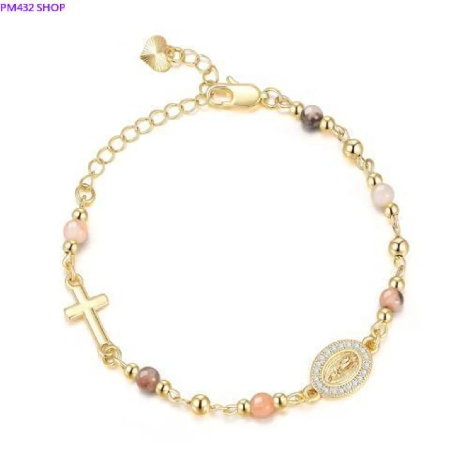 Natural Stone Cross Bracelet – Gold Religious Figure Pendant Adjustable Bracelet with Heart Extender Chain, Pink Zebra Stone Fashion Jewelry for Women, Statement Spiritual Charm Bracelet