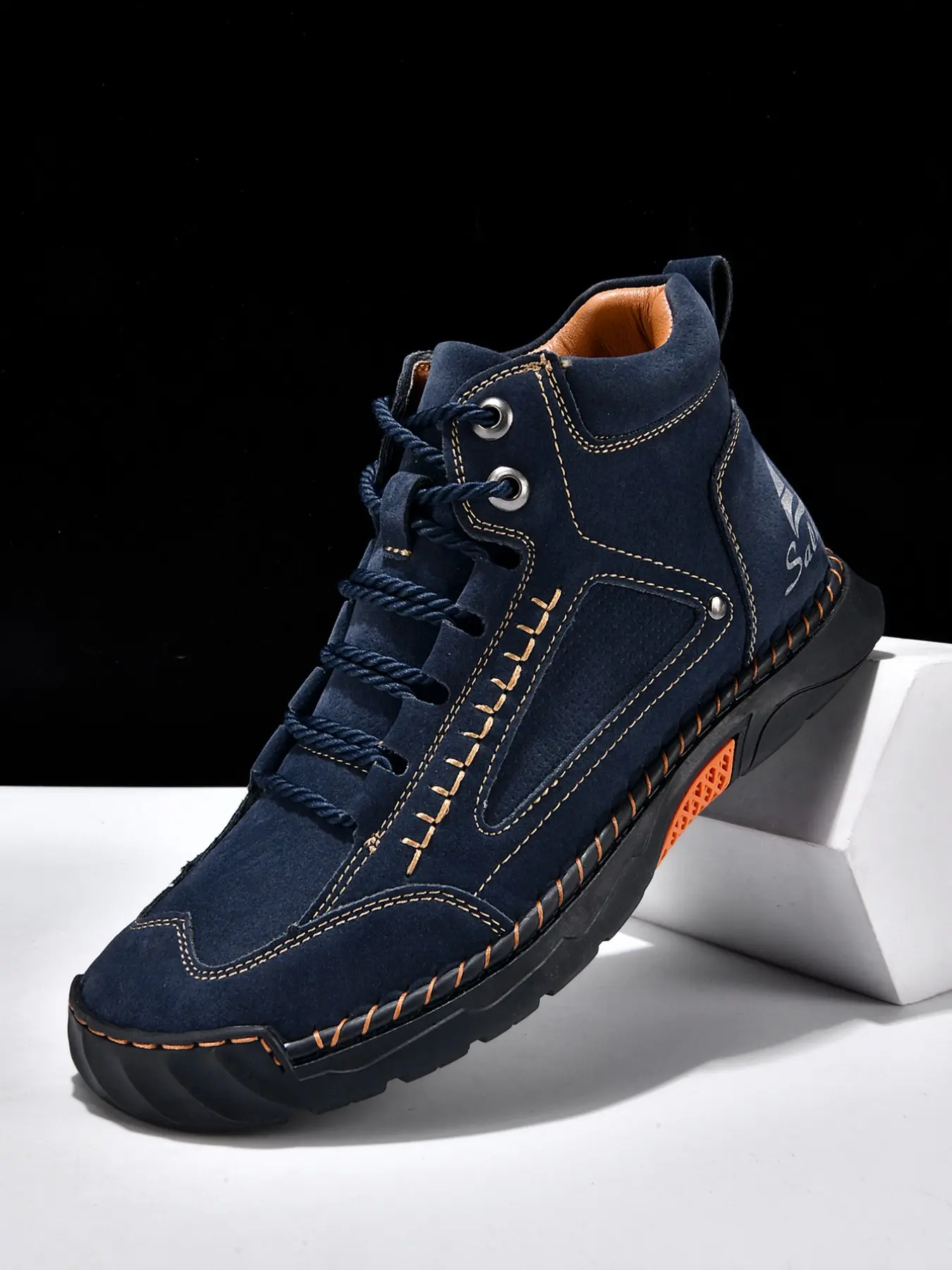 Men's Handmade Vintage Sneakers, Fashion High-Top Casual Shoes, Lace-Up Mid-High Boots, PU Leather Design, Anti-Slip Rubber Sole, Boys