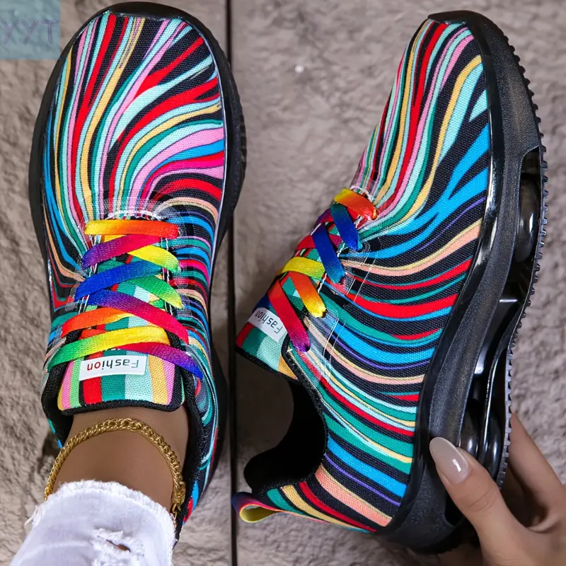 YYT1 Women's Neon Glow-in-the-Dark-Striped Sneakers - Lightweight Low-Top Lace-Up Stability Shoes with Arch, All-Season Casual & Beach Shoes with PVC/Rubber Sole, Multicolor (Pink/Blue/Purple/Green//Pink) - Ideal Travel, Gym, Casual Attire -