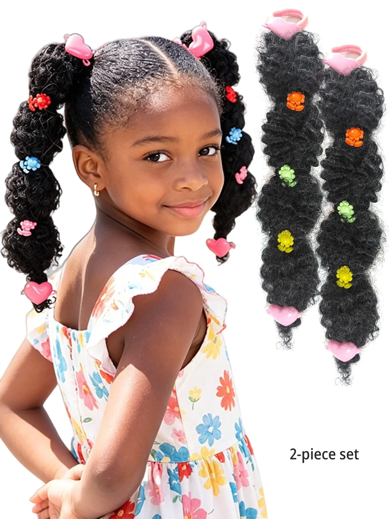 2Pcs Kids Curly Ponytail Hair Clips with Rainbow Flower Scrunchies, Heat-Resistant Synthetic Fiber Soft Hair Extensions for Girls' Ponytail and Messy Bun Styling