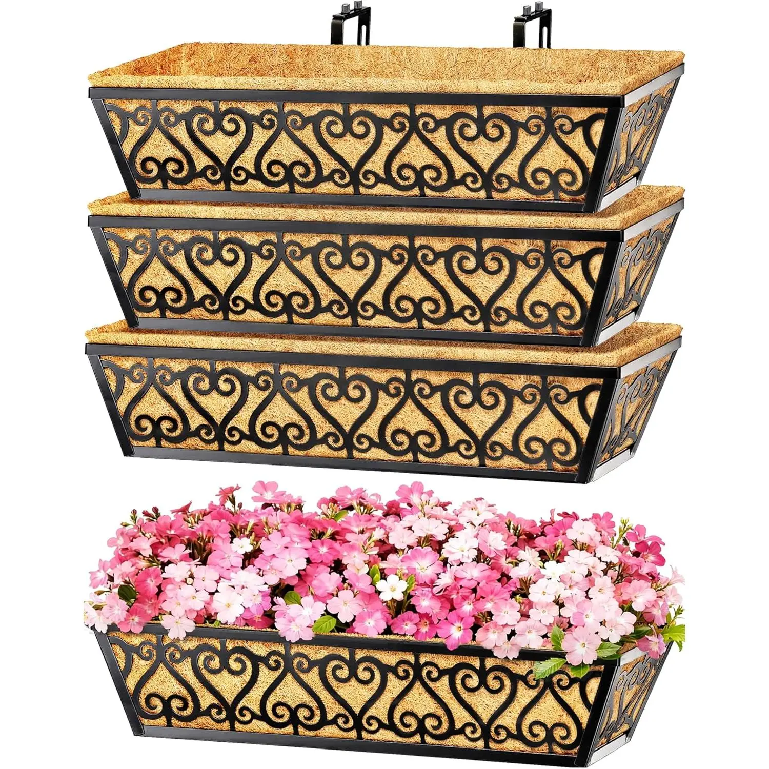 4 Pack 24 Inch Deck Railing Planter Box - Window Boxes Planters with Adjustable Brackets Coco Liners Balcony Planters Railing Hanging for Window Flower Boxes Outdoor Garden Decor