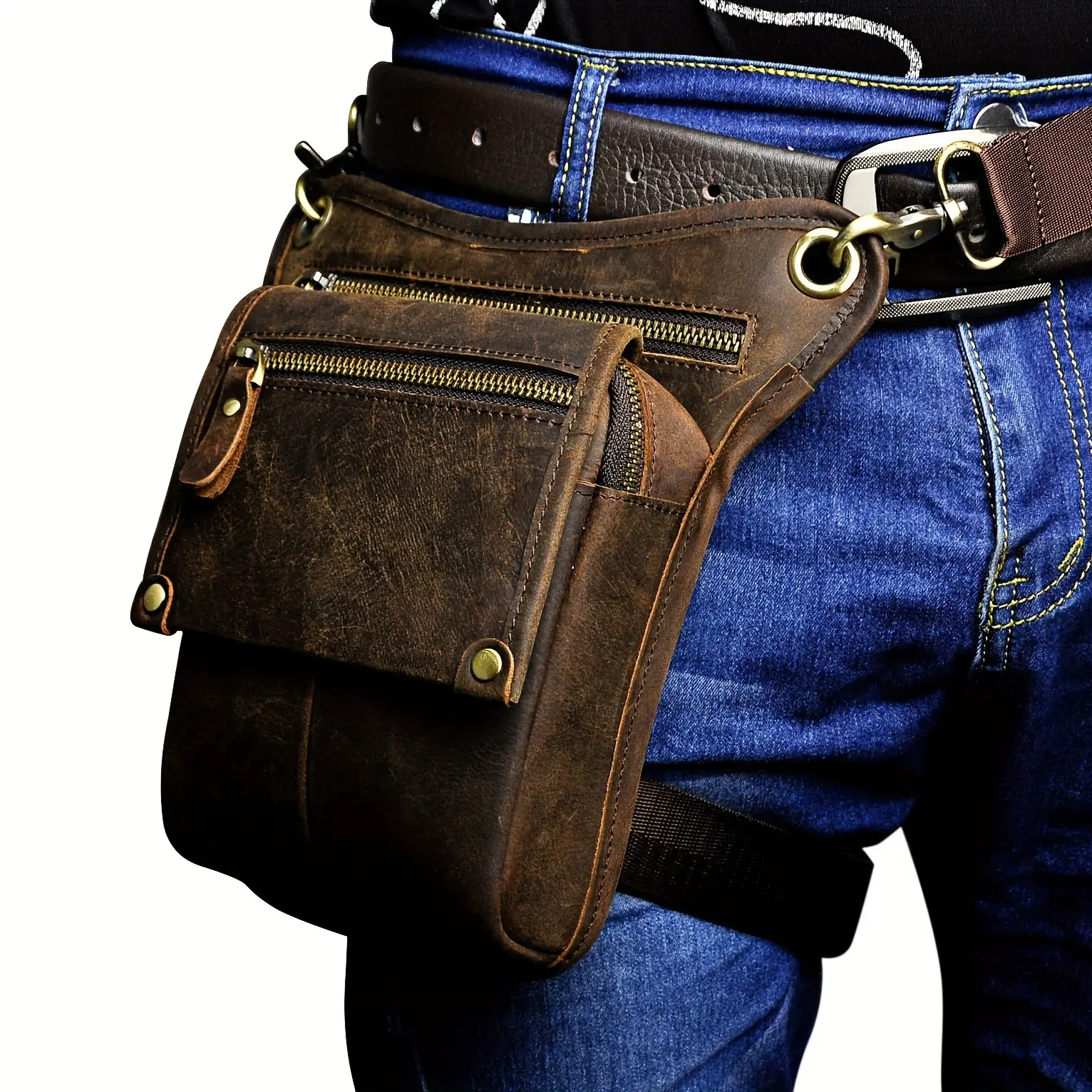 Male Cowhide Crazy Horse Leather Belt Bag, Vintage Casual Style with Shoulder Strap, Durable for Outdoor Travel & Everyday Carry