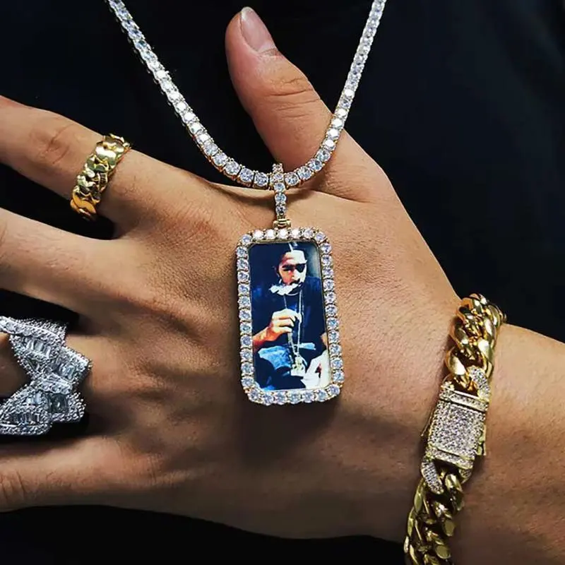 IH Iced Out Rectangle Custom Photo Pendant Necklace 18K Gold Plated Natural Sri Lanka Zircon Hip Hop Miami Italian Mexican Luxury Unisex