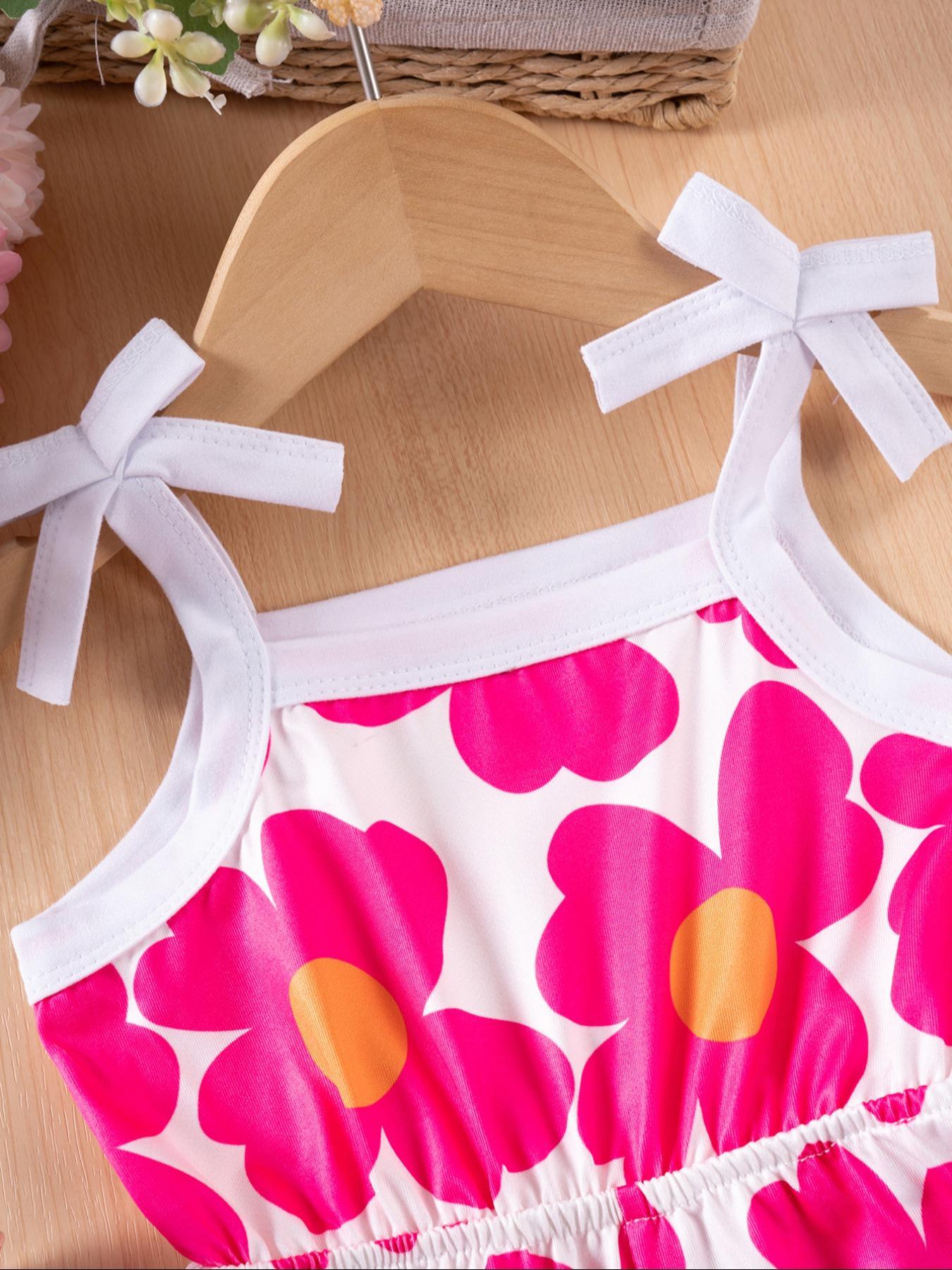 Toddler Girl's Floral Print Bow Tie Waist Romper, Cute Sleeveless Romper for Holiday Vacation, Toddler Outfit, Kids Clothes for Summer, Baby Girl Clothes