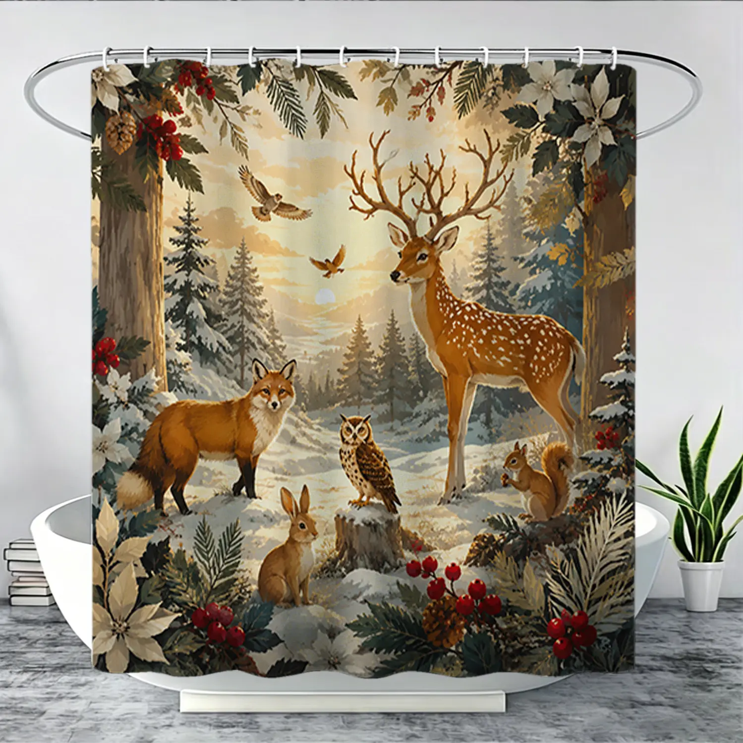 Thickened 1/4 piece Christmas snow deer shower curtain set, including shower curtain, toilet pad, bathroom pad, and toilet lid cover, with 12 hooks, bathroom accessories