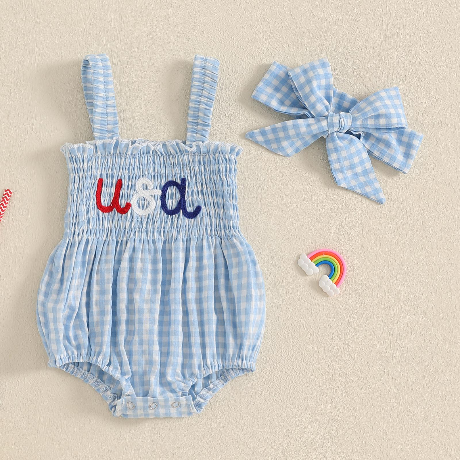 4th of July Baby Girl Outfits Plaid Letter Embroidery Smocked ...