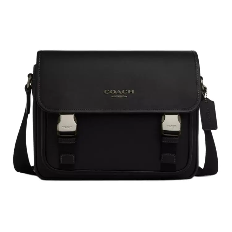 Coach Racer Messenger 28 Smooth Calfskin Crossbody Bag for Men, Adjustable Strap, Large Size, Black