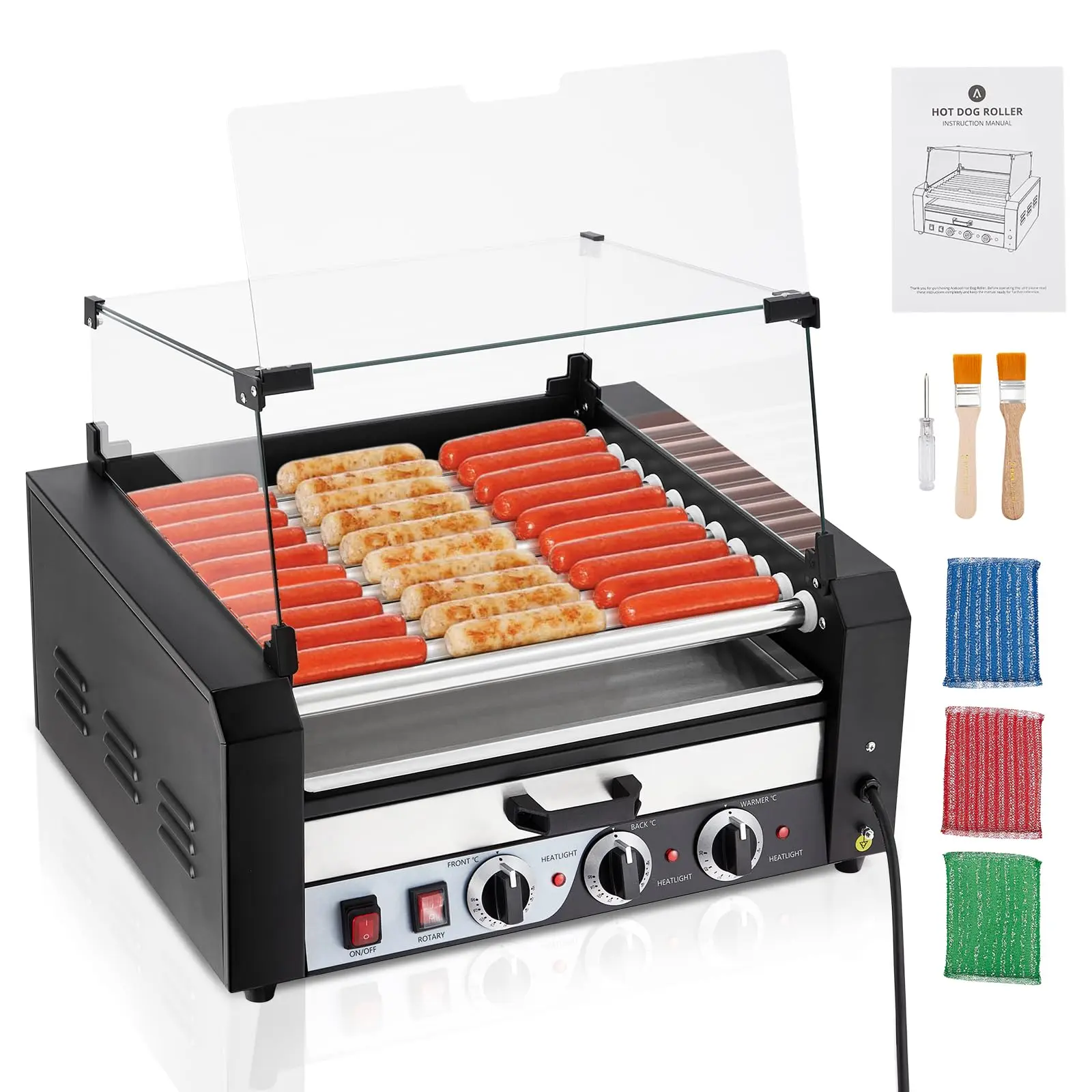 GARVEEHot Dog Roller with 11 Rollers and 30 Hot Dogs Capacity, 1950W Stainless Steel Sausage Grill Cooker Machine Featuring Removable Oil Drip Tray, Dual Temperature Control, and Glass Hood Cover, Ideal for Commercial Use and Parties
