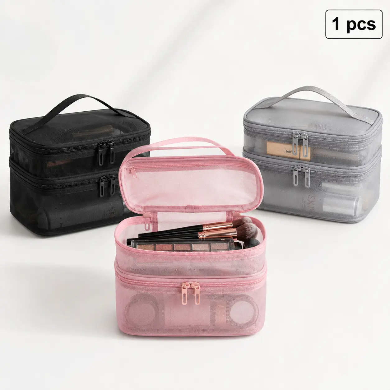 Handheld Mesh Makeup Bag, Double-Layer Cosmetic Travel Organizer Pouch, Portable Beauty Storage Case,durable