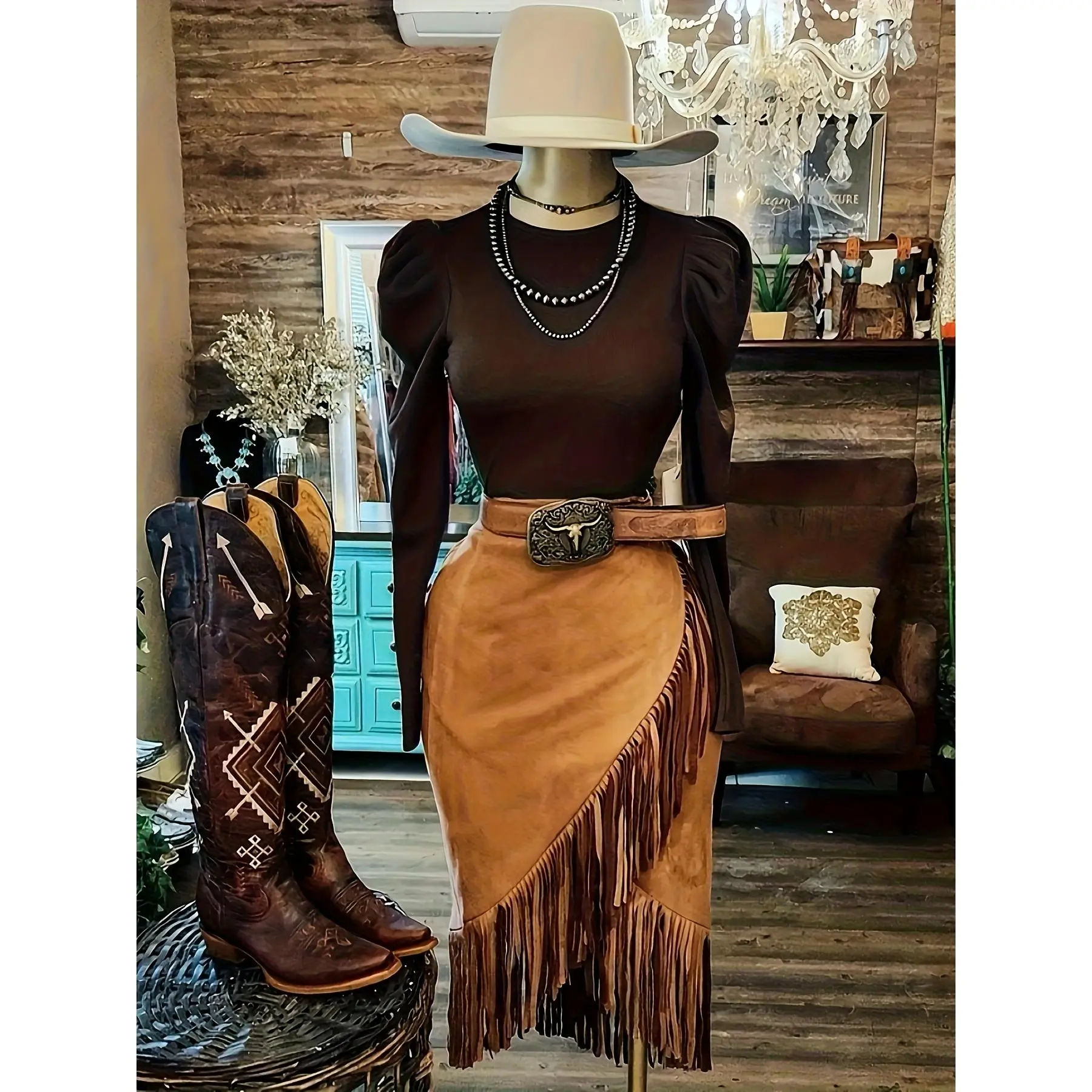 Elegant Bodycon Skirt for Women in Solid Suedette, High-Waist Pencil Fit with Asymmetric Tassel Fringe, Woven, Year-Round, Fabric, Clothes, Elastane, High-Waisted
