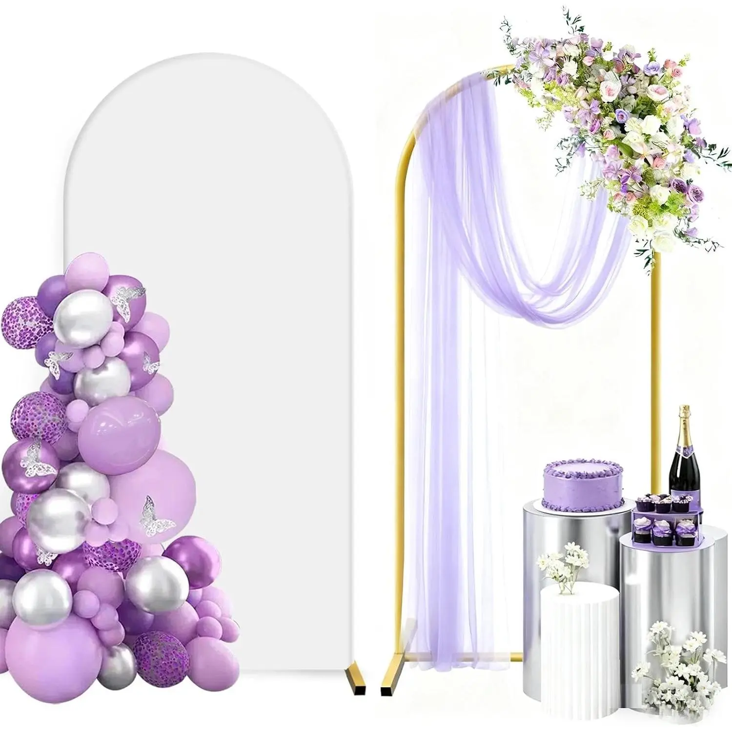 Metal Arch Backdrop Stand and Cover Set, White, 6ft | Includes Stretchy Spandex Cover, Tool-Free Install, Ideal for Wedding, Birthday,  Shower, Graduation, Halloween Party