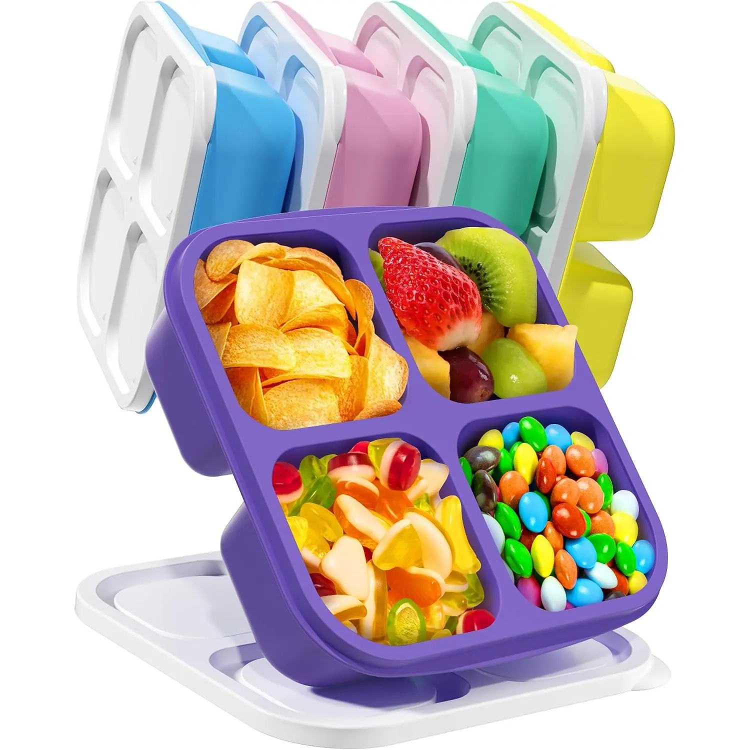 5 Pack Bento Snack Containers, 4 Compartment  Plastic  Storage Containers, Divided Lunchable Container, Bento Lunch Box for Work and Travel