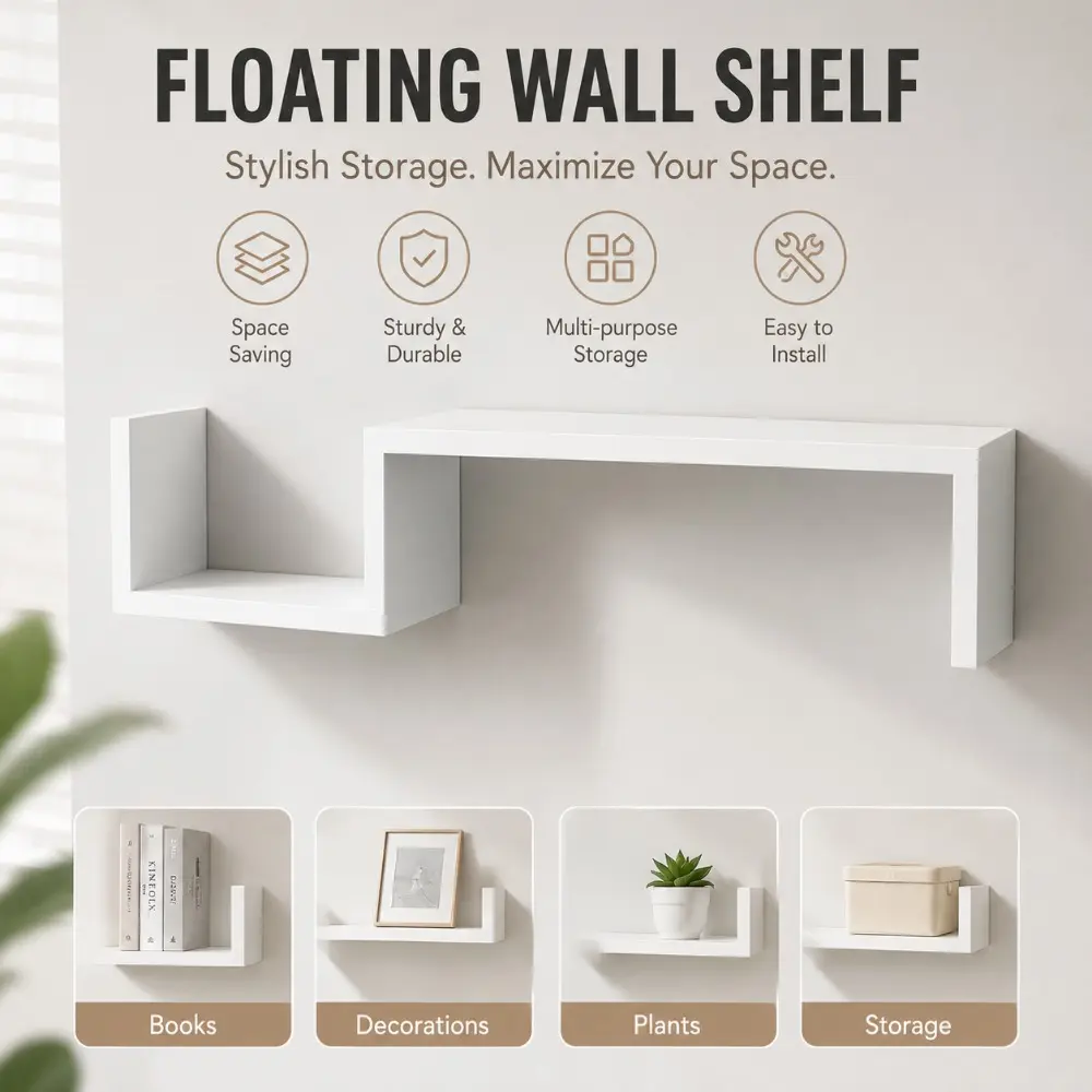 S-Shaped Floating Wall Shelf, Modern Wall Mounted Display Shelf, Multi-Tier Storage Bookshelf for Living Room, Bedroom, Office, Decorative Wall Organizer & Space-Saving Home Decor, Shelf Rack