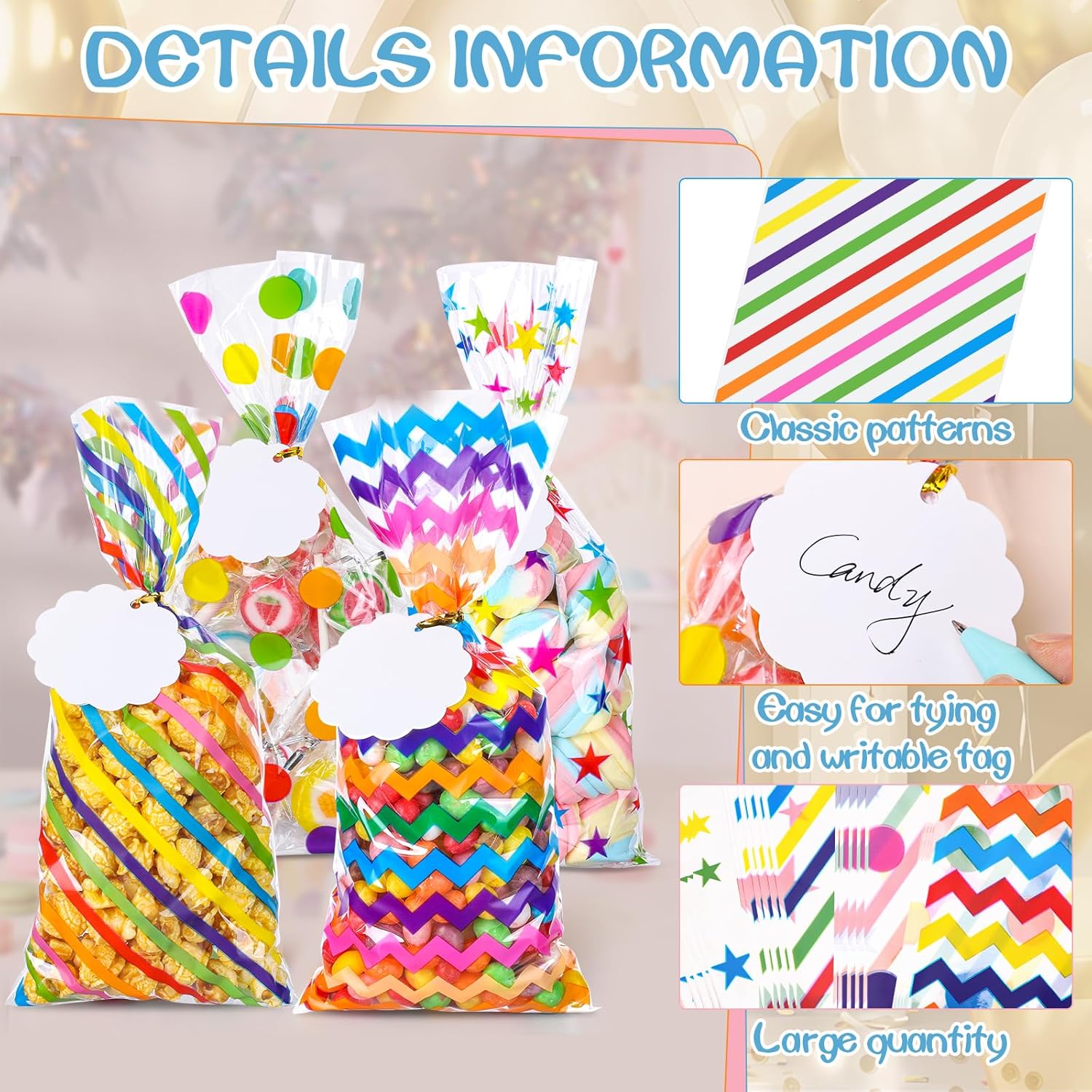 100 Set Rainbow Cellophane  Bags 5 x 10.6 Inch Clear Candy Party Favor Bags with 100  Tags and Twist Ties for Rainbow Colorful Party Easter  Shower Decorations