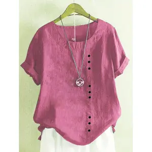 New summer cotton-linen short-sleeve women's top, made of natural fabric that is breathable and refreshing, with a simple design that is gentle and versatile, comfortable and stylish daily outings and commuting