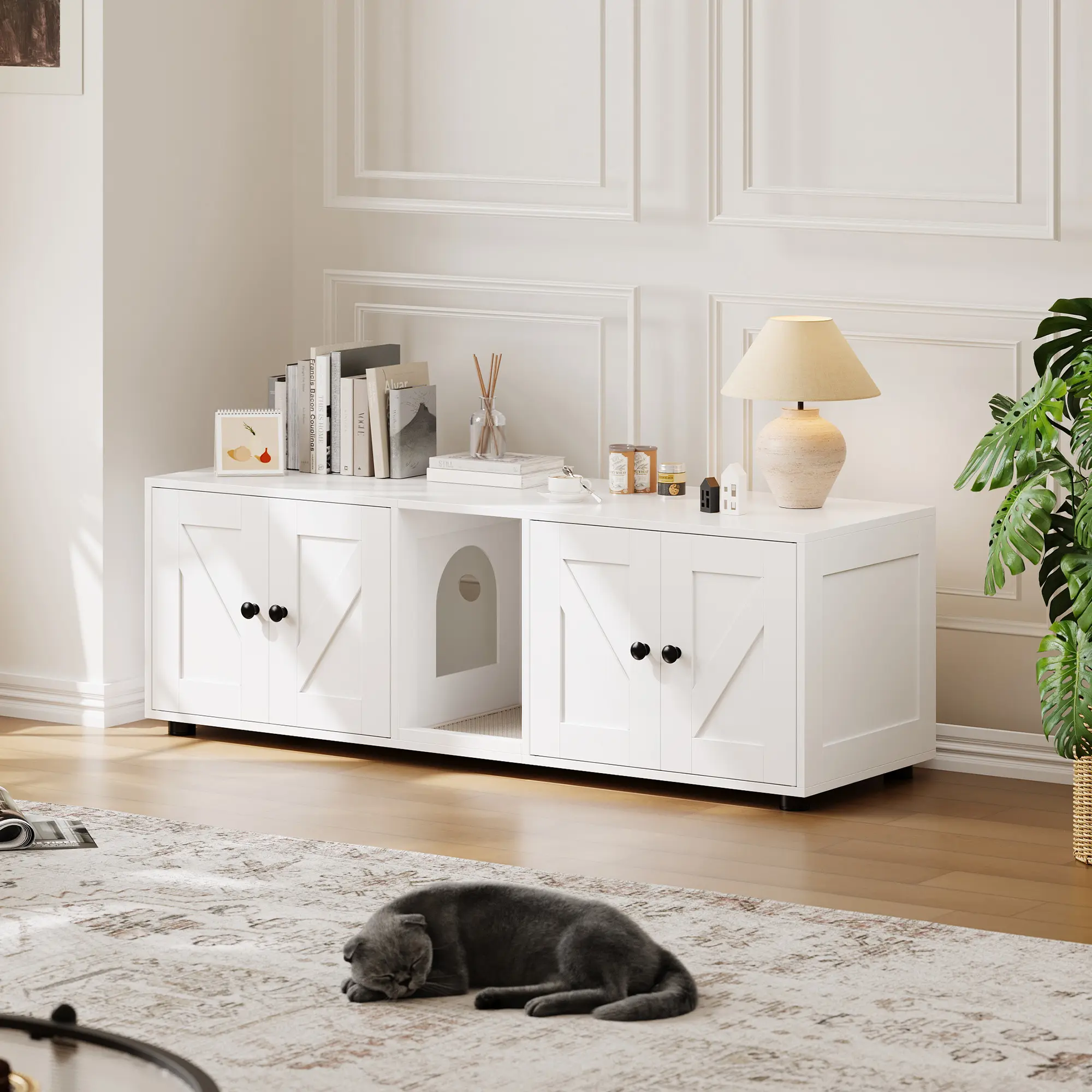 Double Cat Litter Box Enclosure Cabinet with Corridor - Hidden Litter Box Furniture for 2 Cats - Indoor Cat House & TV Stand with Storage - Stylish Pet Cabinet