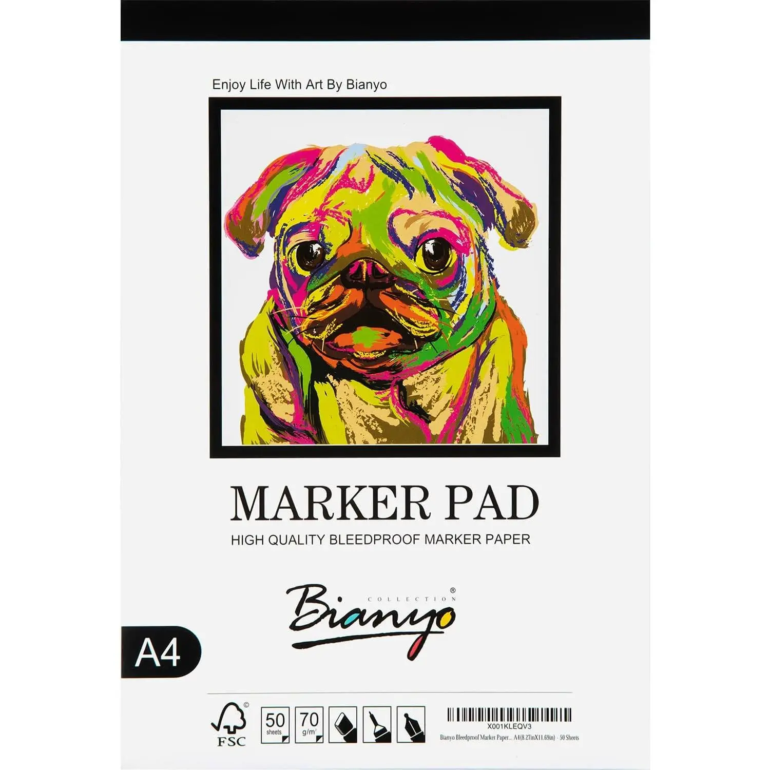 Bleedproof Marker Paper Pad, A4(8.27"X11.69"), 50 Sheets, 18 LB / 70 GSM, Glue-Bound,  , White, Ideal for Use with Markers and Ink Mediums