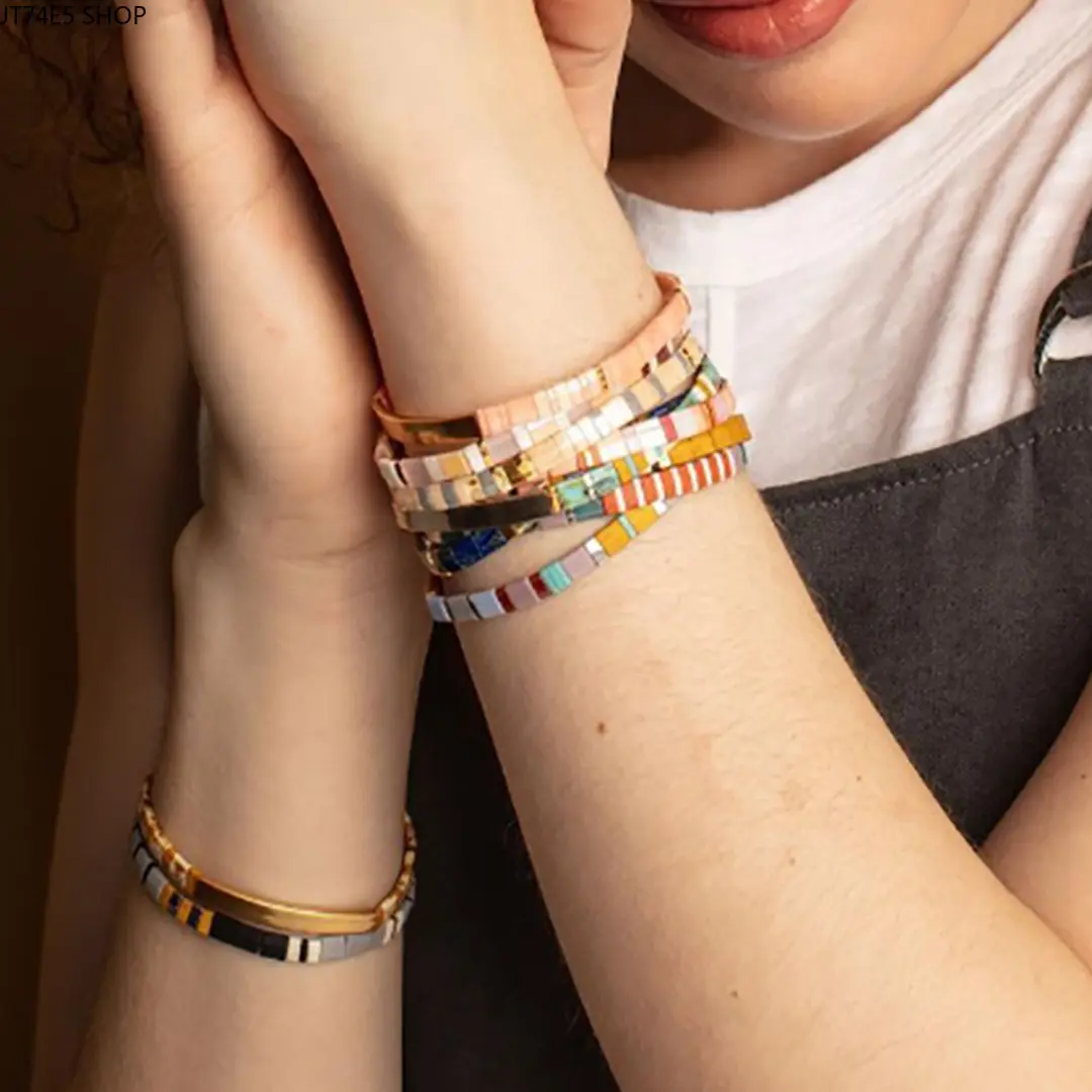 Bohemian Tila Bead Bracelets for Women, Ethnic Multi-Layer Stackable Bangle, Elastic Casual Jewelry, 1 Size, Beads, One Size