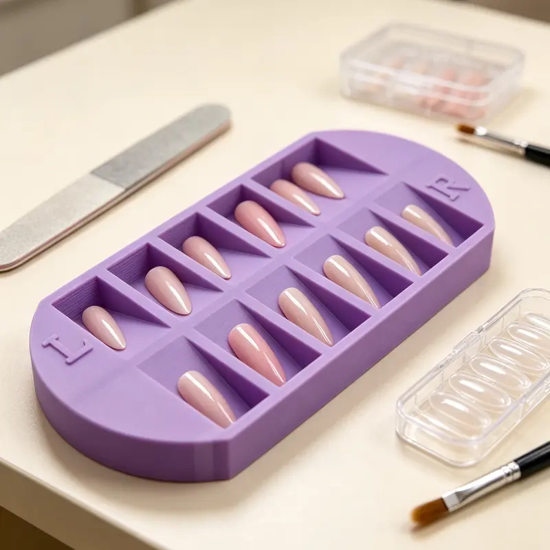 Nail Tip Storage Tray with L/R Marks, 8-Grid False Nail Display Organizer, Reusable Storage Plate for Salon & Home Manicure, for Press-On/Acrylic/Gel Tips, Includes Nail Stencils & Tools