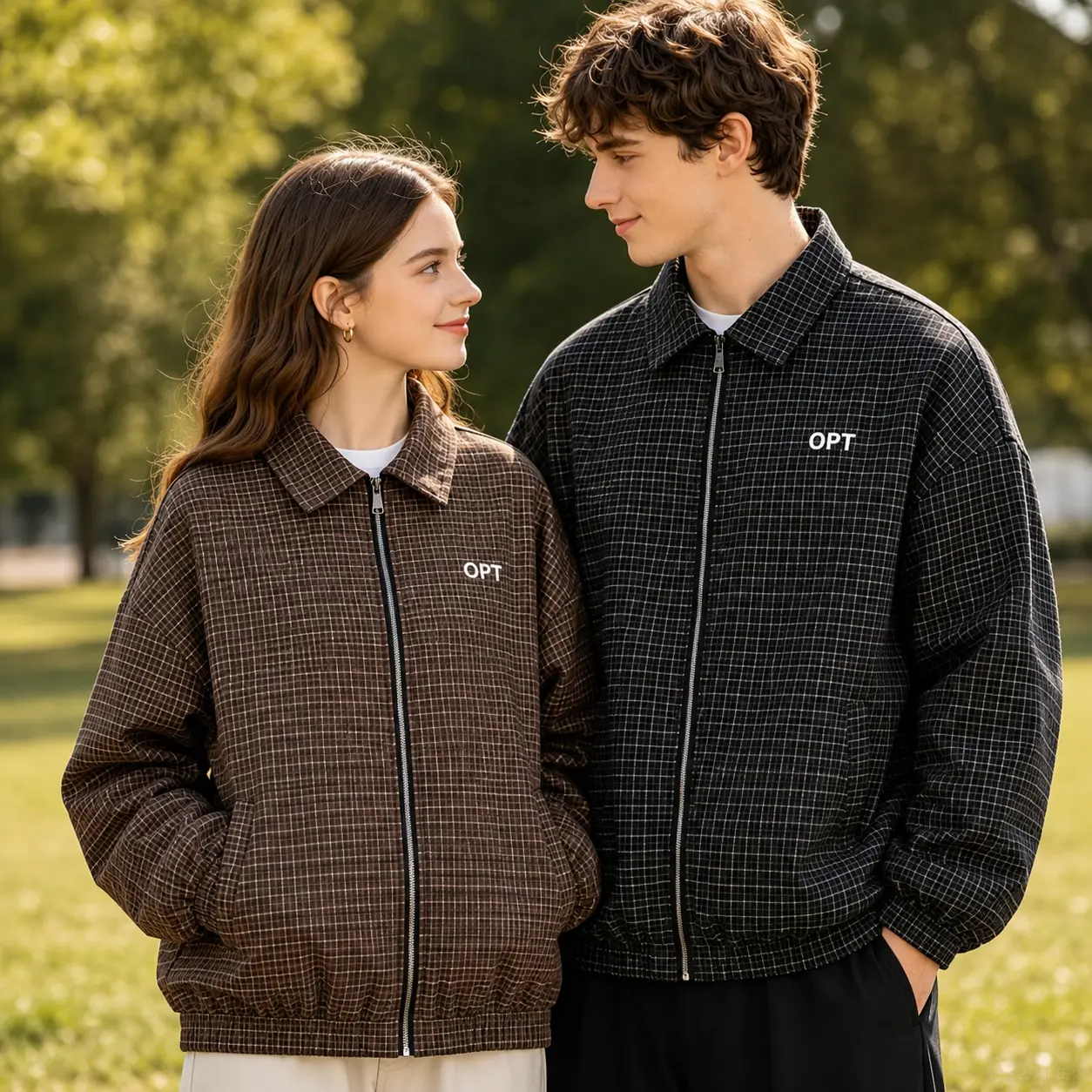 Unisex Black Checked Long-Sleeve Zipper Coat - Classic Modest Relaxed Fit Menswear Casual Collared Outerwear with Side Pockets, Elastic Cuffs, Hem, Streetwear for Daily Wear, Fall Layering (Matching Ready)