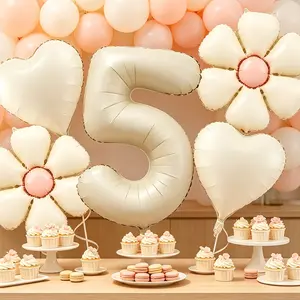32inch Cream White Number Balloon 5 Digital Balloon with 18inch Daisy Balloons and heart balloons with white ribbon total 6pcs for 5th birthday anniversary wedding bridal shower graduation party decorations