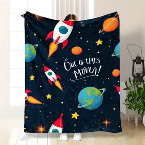 Space Theme Flannel Blanket - Soft Cozy Throw With Planets, Rockets, Earth & Stars - All-Season Bedspread Or Couch Cover - Astronomy Lover Gift For Bedroom, Living Room, Or Space-Themed Decor - Durable Flannel Fabric, Bedroom Accessory, Celest 280GSM