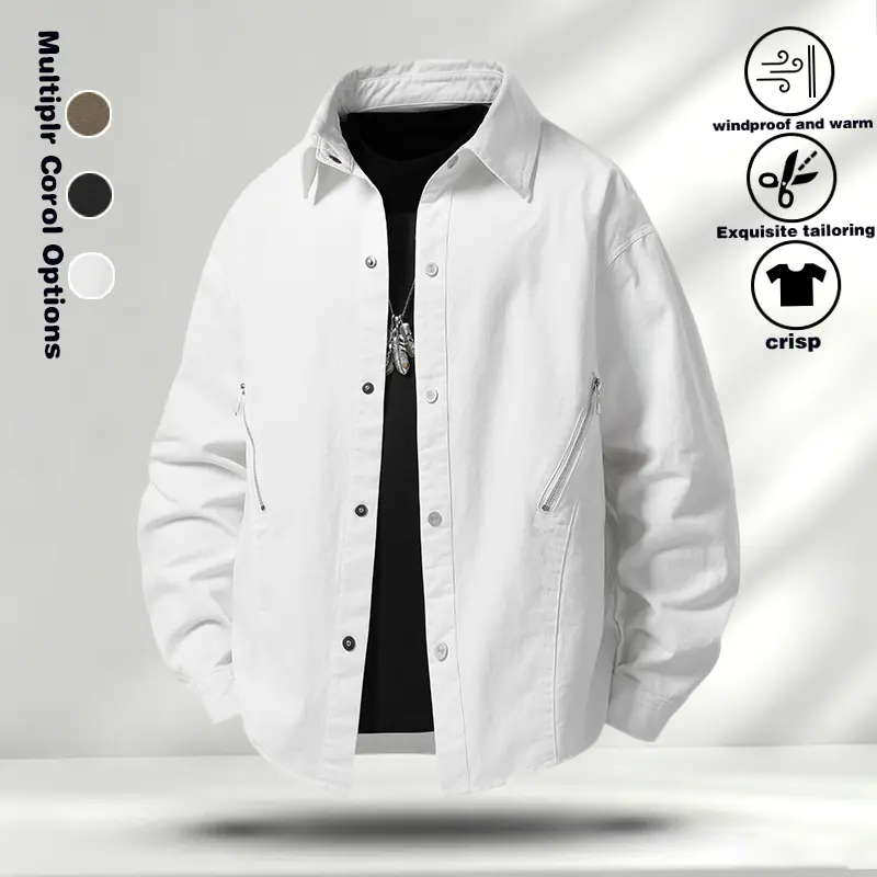 Spring and Autumn Heavy duty Functional workwear Jacket, Men's Side Metal Zipper Design, Loose Collar Shirt, Black and White Coffee Tricolor Jacket