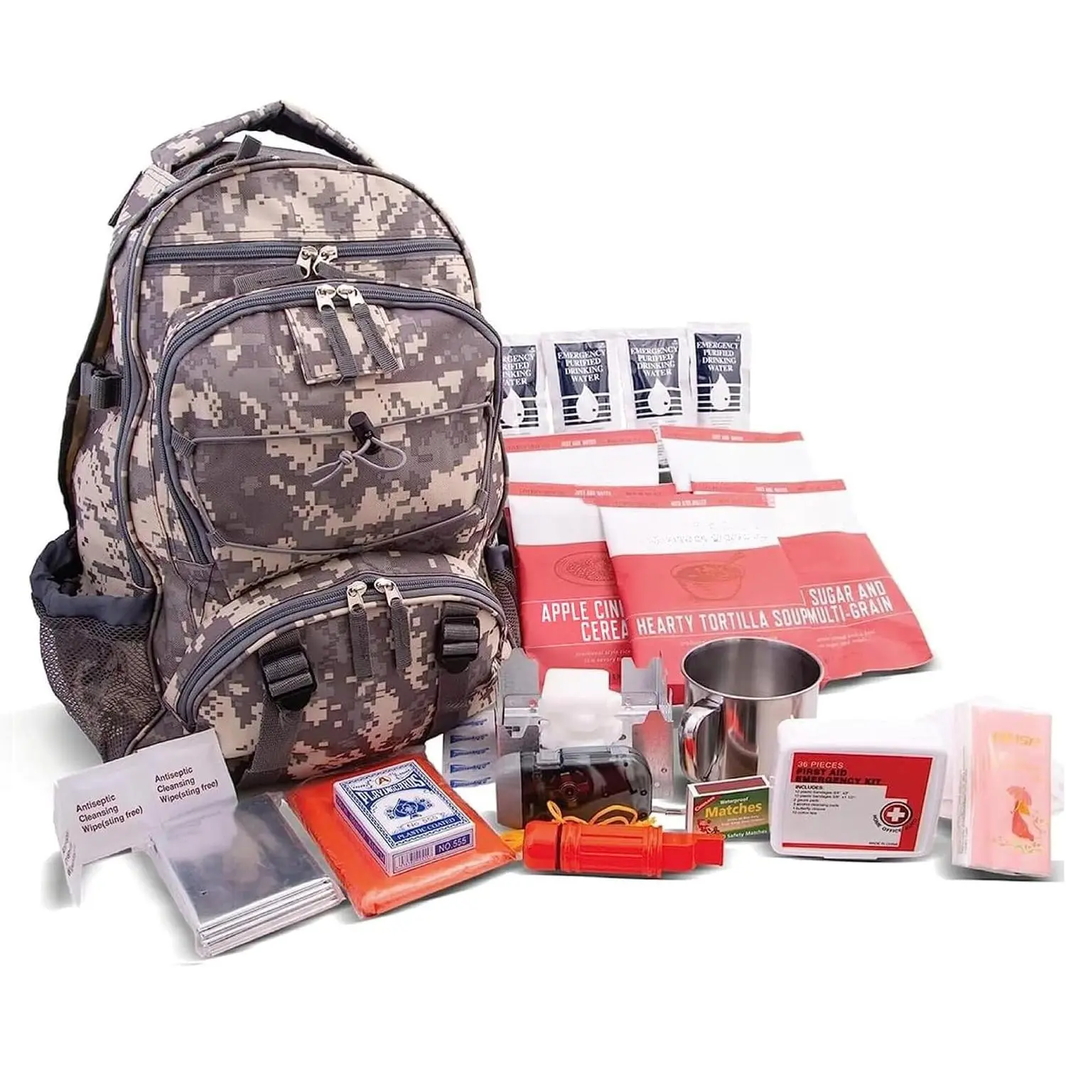 Emergency Survival Gear – Tactical Military Backpack, Camping Essentials Escape Kit and Survival Tool Kit, Emergency Preparedness and Hurricane Protection Supplies, 25-Year Shelf-Life Food Packets, 64-Piece Set