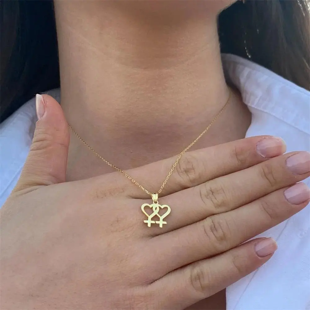 Women's Delicate Gold-Plated Costume Jewelry Necklace, Intertwined Double-Heart Venus Symbol Pendant, Smooth Polished Finish, Dainty Thin Chain, Meaningful Design for Daily Wear & Sentimental Gifting