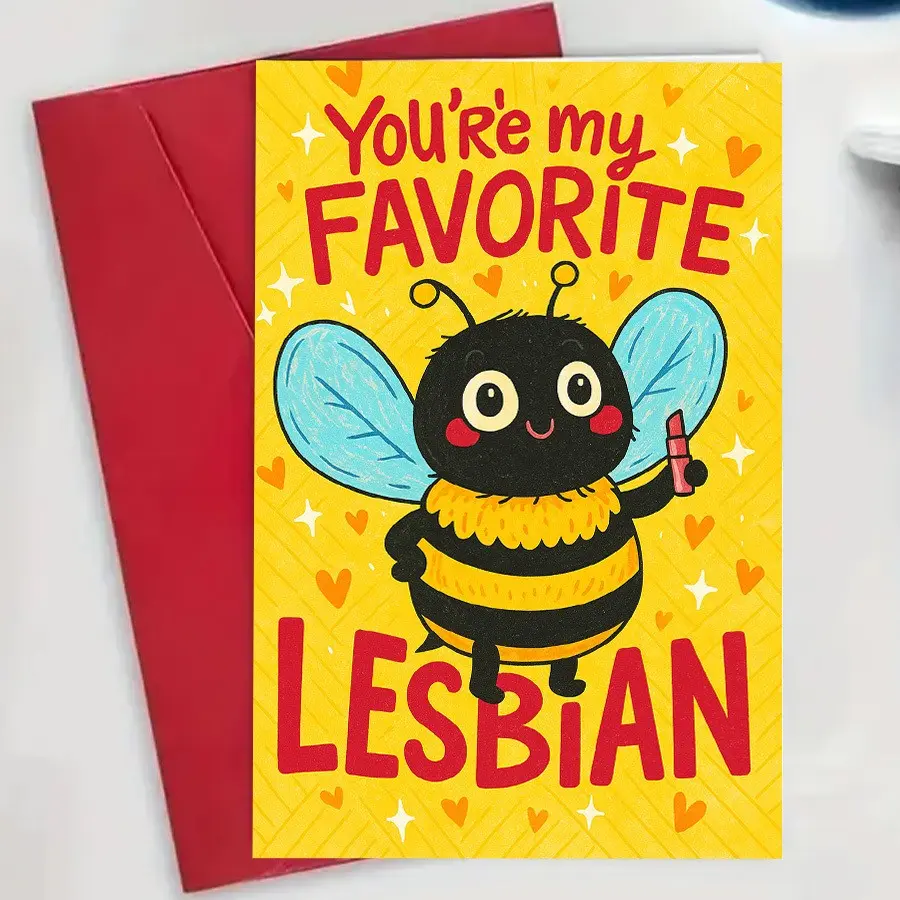 1pc Cute Bee Love Card Heart Star Funny Valentine Card, Romantic LGBTQ Greeting Card "You're My Favorite Lesbian", Holiday Card for Valentine's Day Birthday Anniversary, Sweet Gift for Girlfriend Partner, Blank Inside with Red Envelope