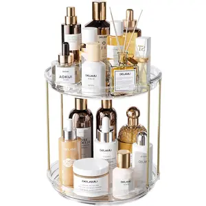 Rotating Makeup Organizer for Vanity, 2 Tier Bathroom Counter Organizer with Stackable Design, Spinning Skincare Organizer for Bathroom Countertop, Perfume Cosmetic Storage, Clear