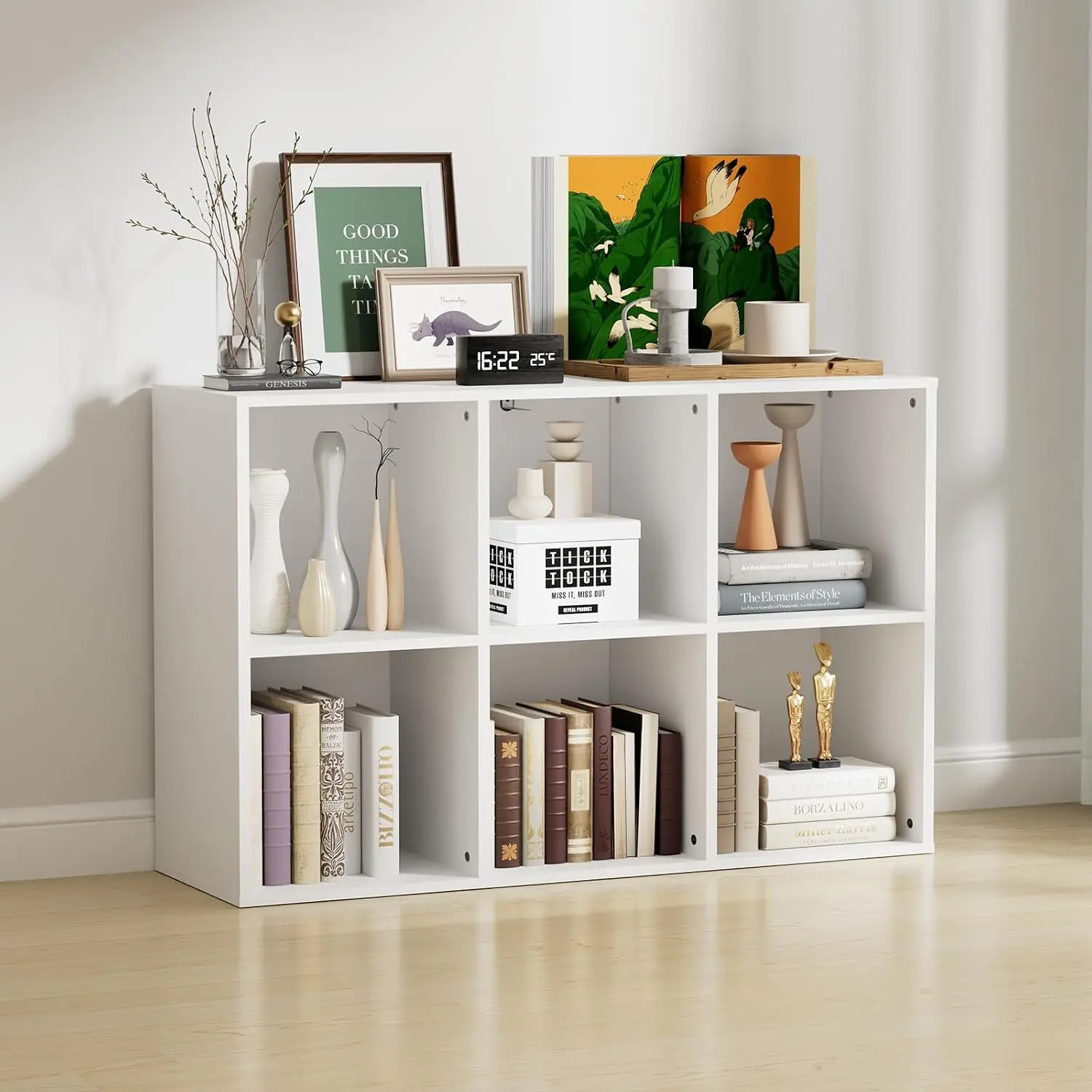 White Wooden 6-Cube Storage Organizer Cube Shelf - Closed Back Panel, Waterproof Flat Base, Modern Open Compartments, Stackable - Indoor Shelving Racks, Living Room Furniture, Modern Home Decor for Bedroom